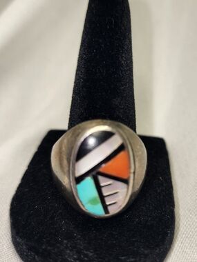 Sterling-Inlay Multicolor Zuni Style Statement Ring Sz 10.5